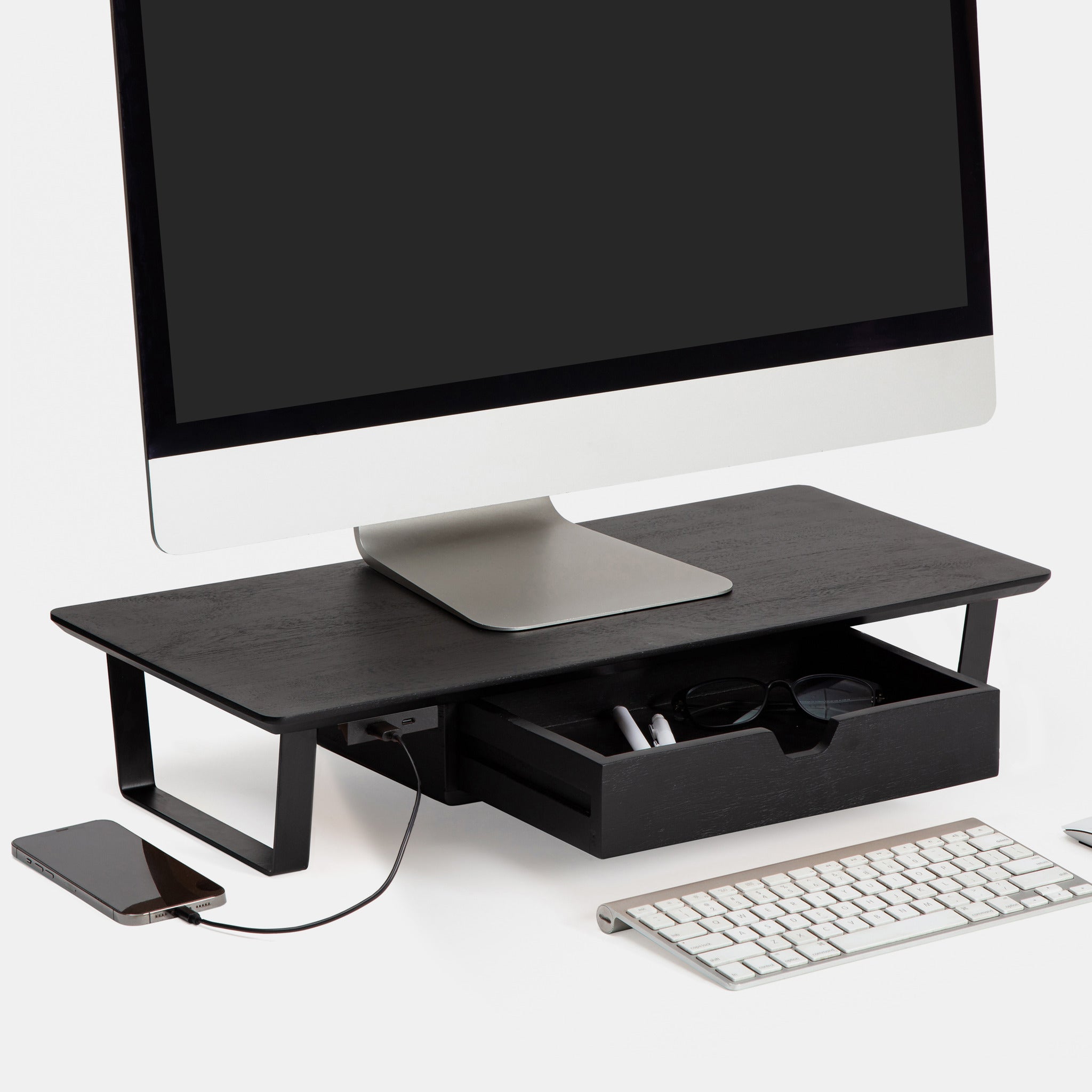 Le Brun Black Wooden Monitor Stand With Metal Legs Drawer USB