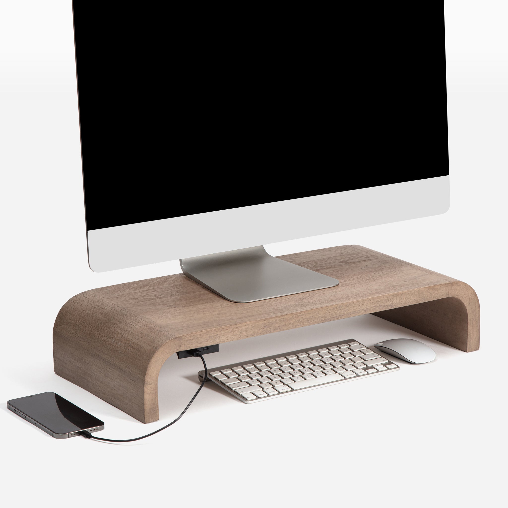 Galle Biscotti Mango Wood Monitor Stand With Curved Legs And USB Ports ...