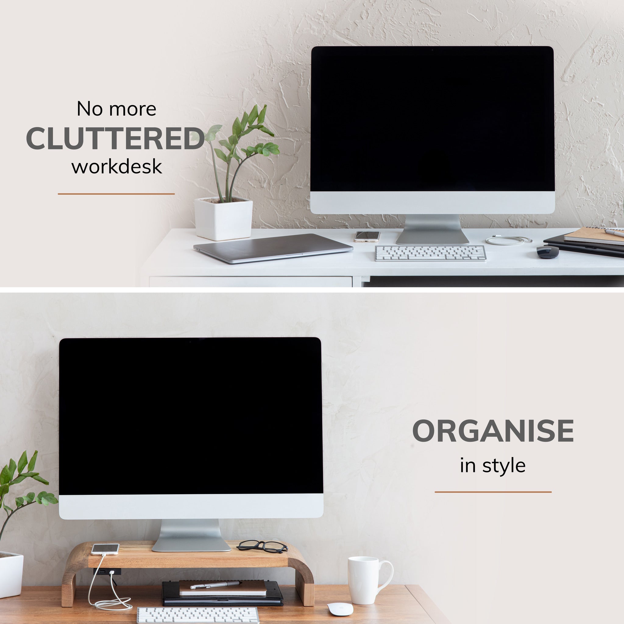 Levy Natural Mango Wood Monitor Stand With Curved Legs USB Ports – Anji ...