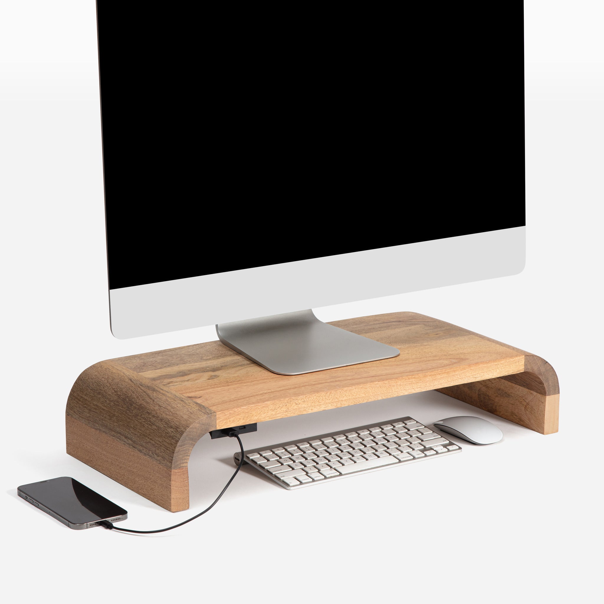 Levy Natural Mango Wood Monitor Stand With Curved Legs USB Ports – Anji ...
