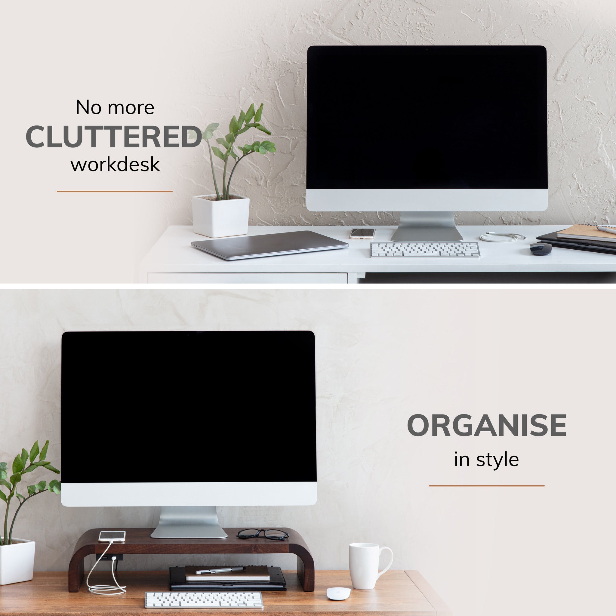 Toorop Walnut Acacia Wood Monitor Stand With Curved Legs And USB