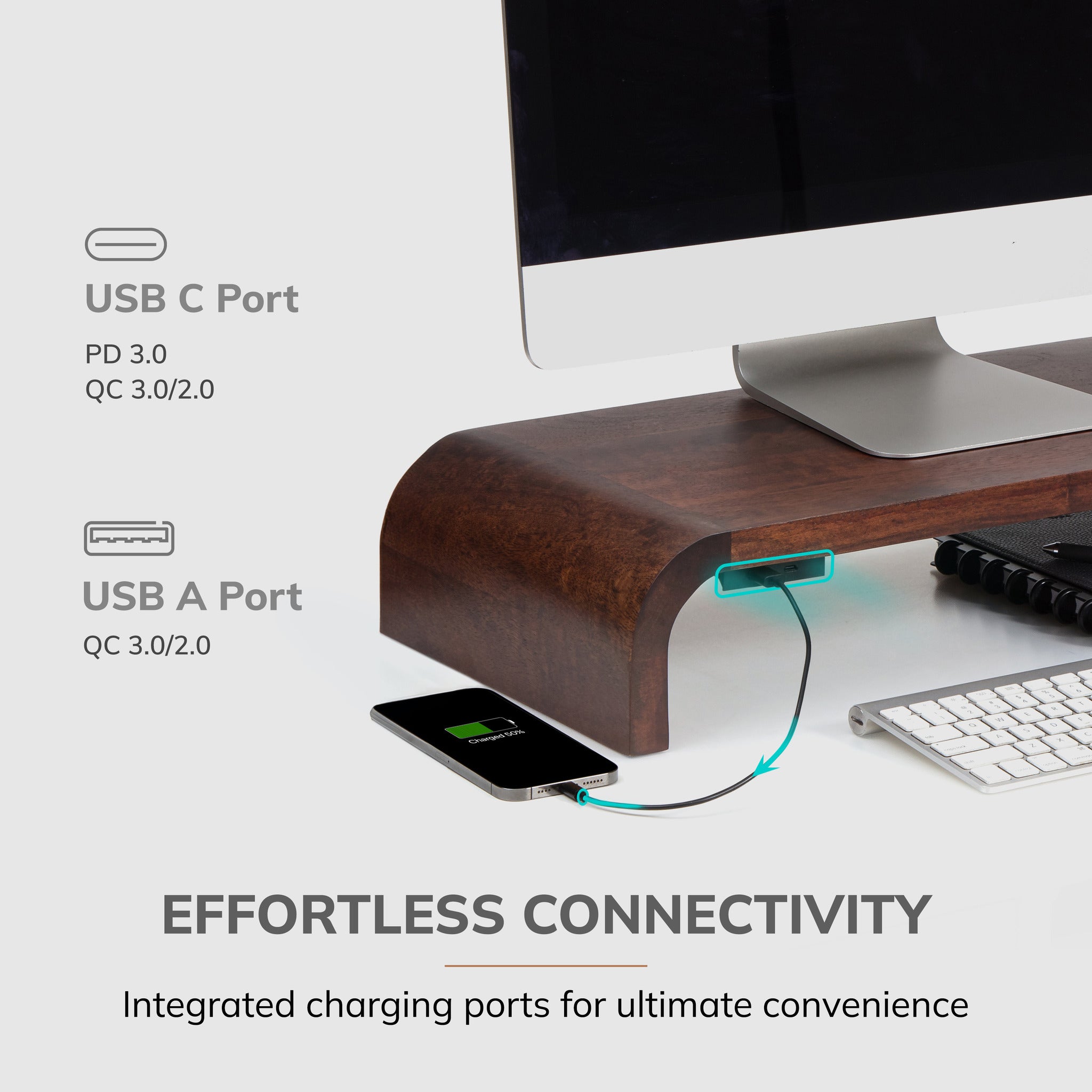 Toorop Walnut Acacia Wood Monitor Stand With Curved Legs And USB