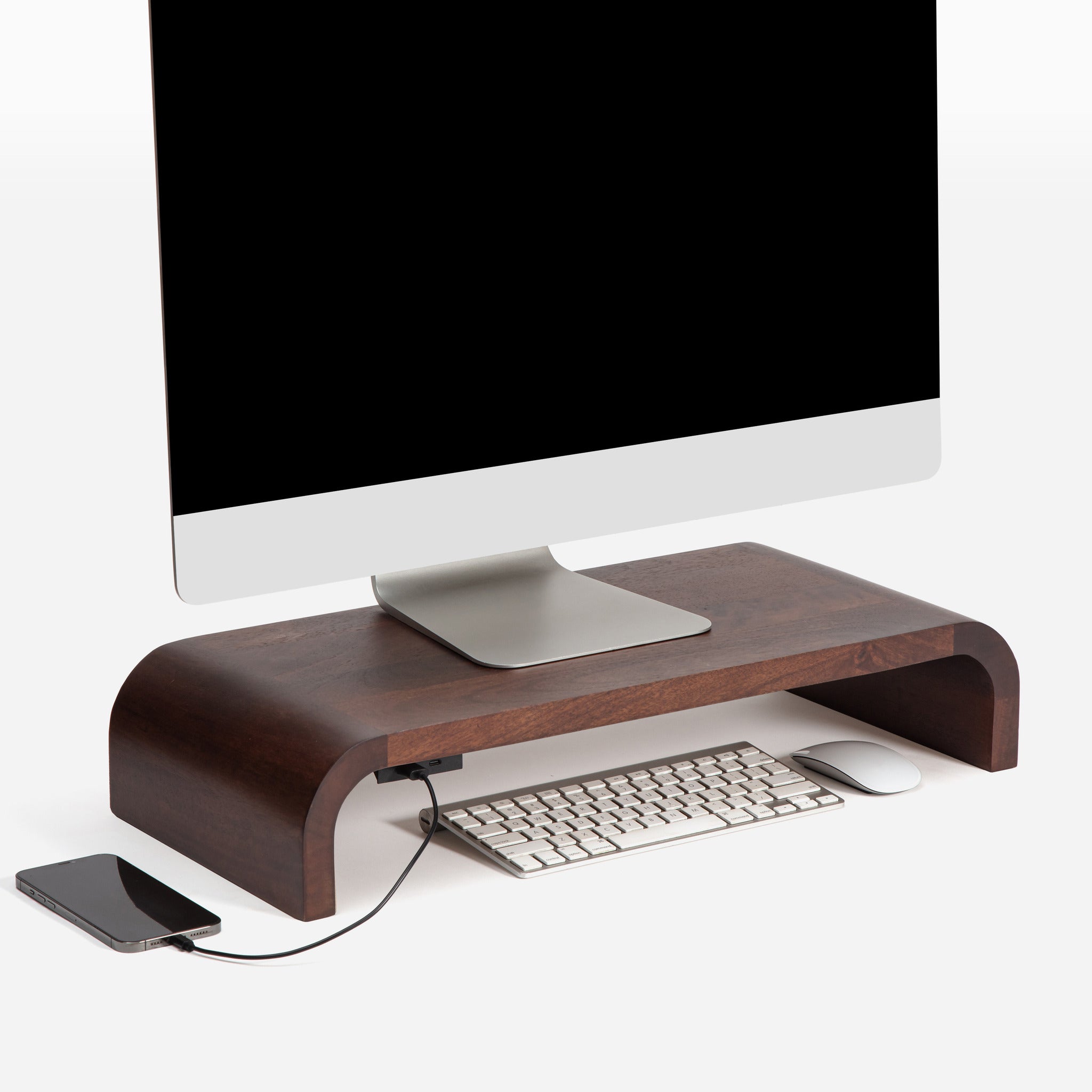 Toorop Walnut Acacia Wood Monitor Stand With Curved Legs And USB Ports ...