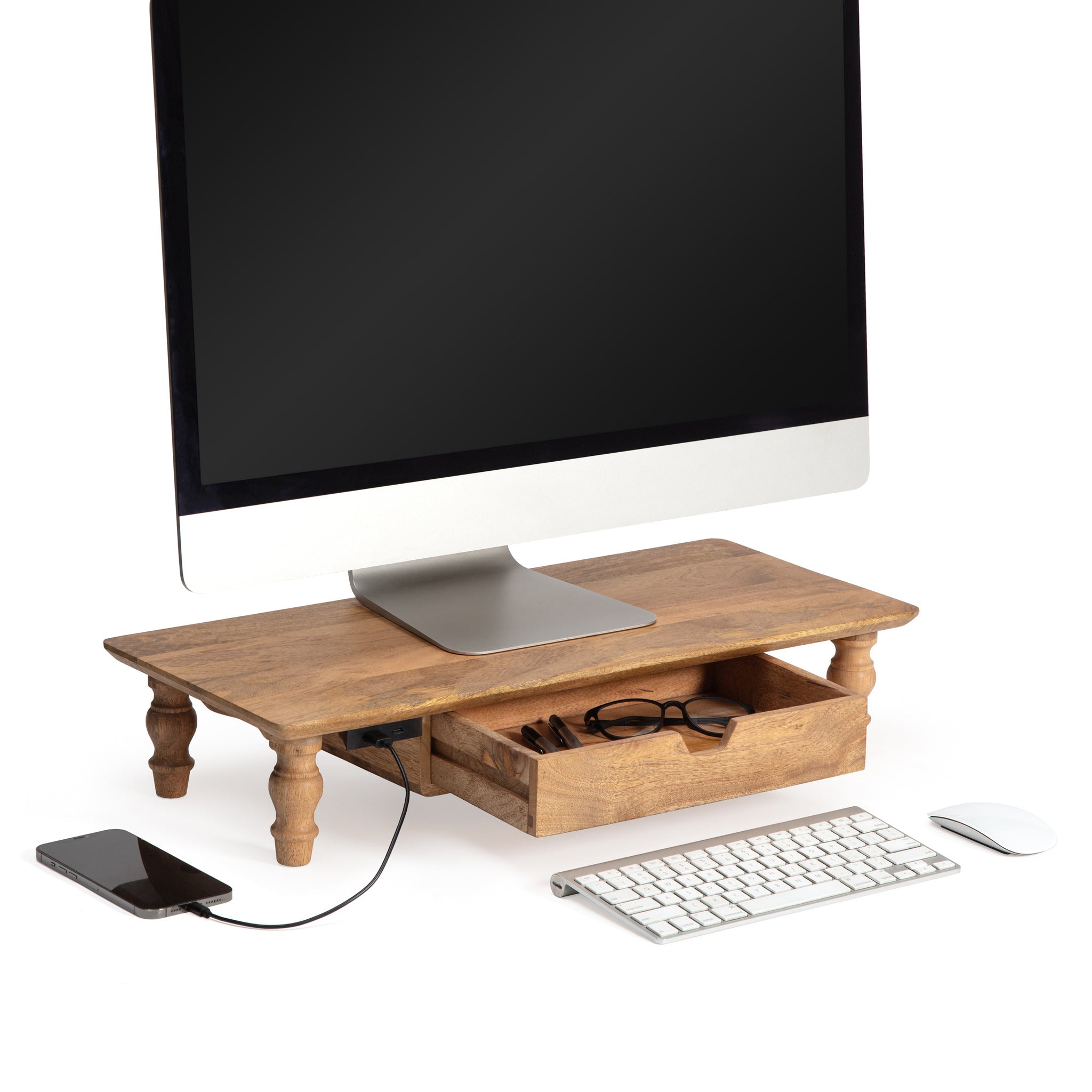 Raoux Natural Mango Wood Monitor Stand Scroll Legs Drawer USB Ports ...
