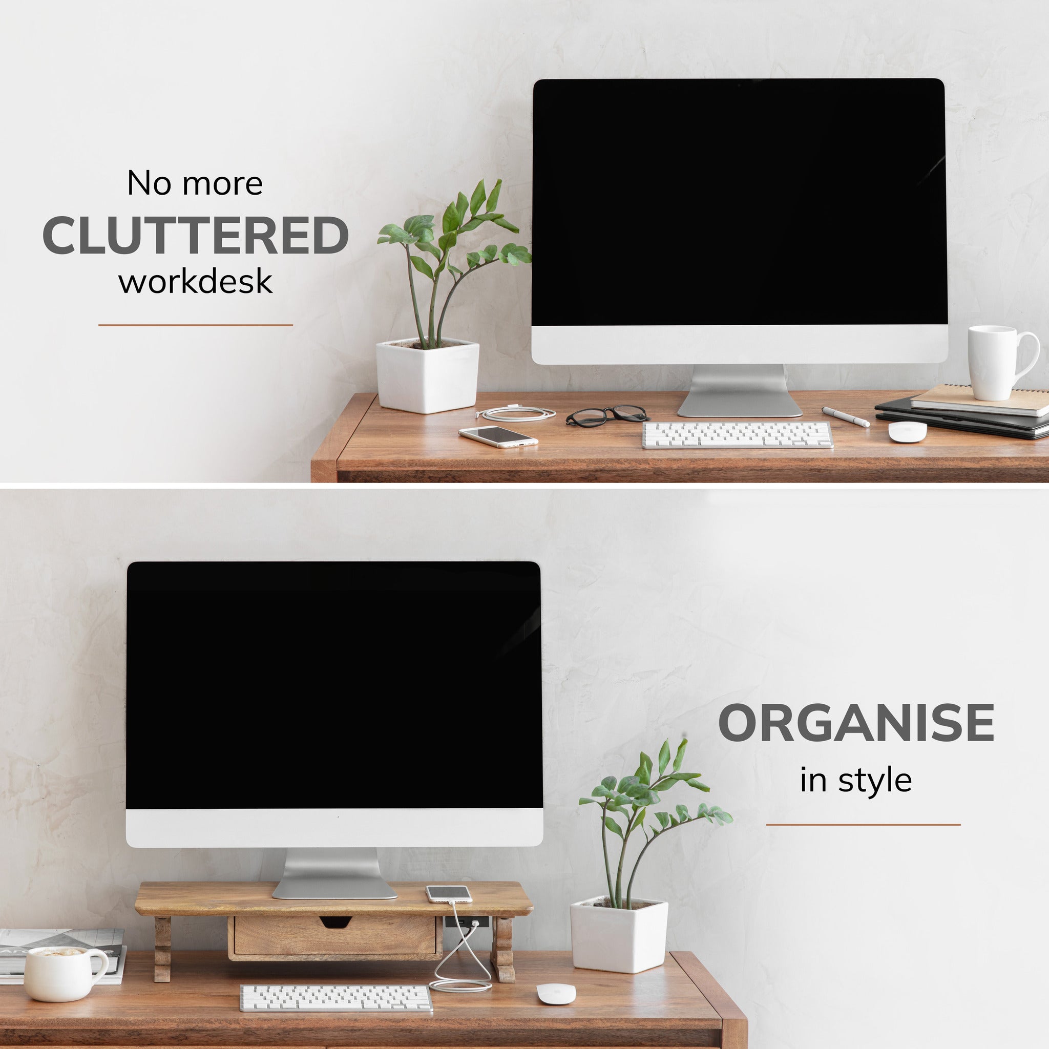 Repin Natural Mango Wood Monitor Stand Scroll Legs Drawer USB
