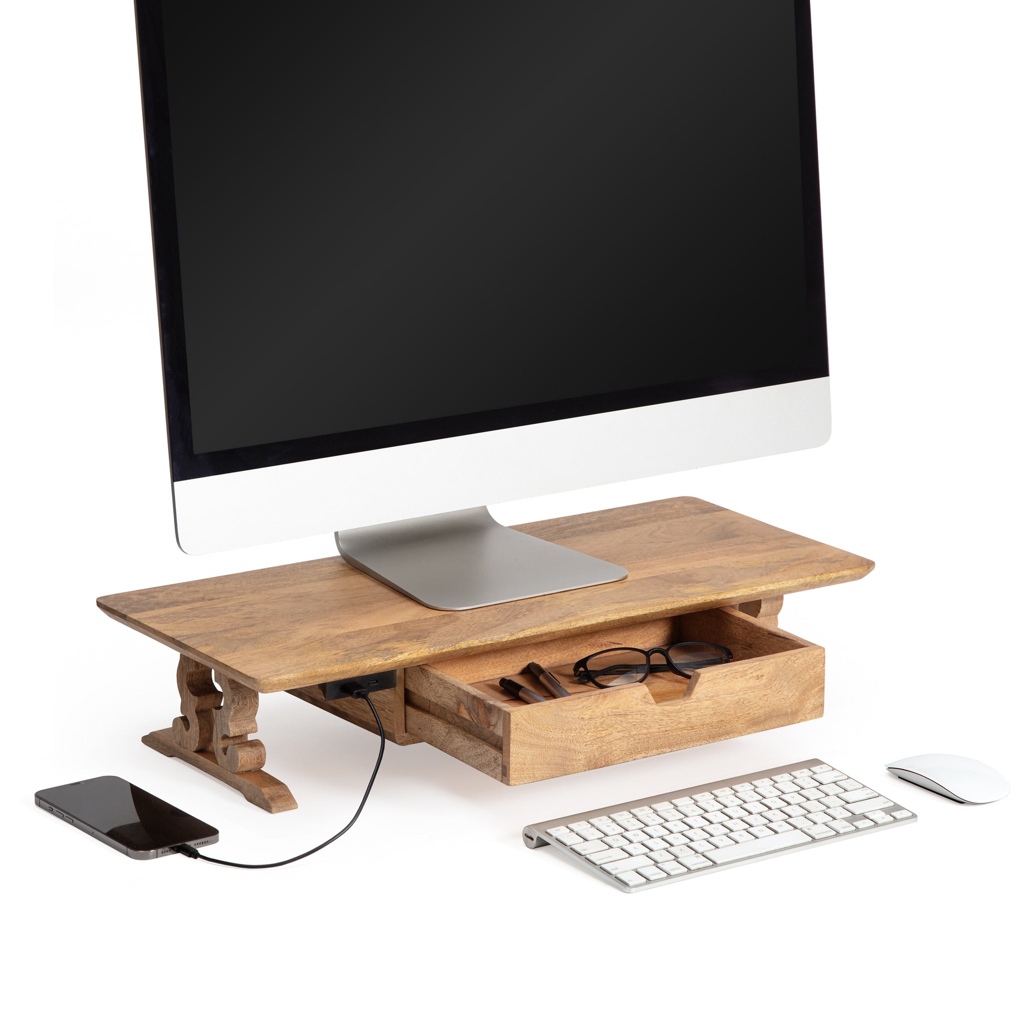 Repin Natural Mango Wood Monitor Stand Scroll Legs Drawer USB Ports ...