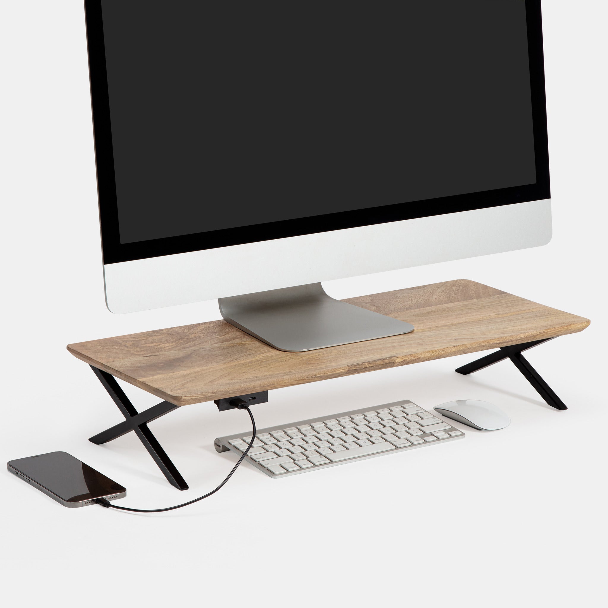 Kupka Natural Mango Wooden Monitor Stand With Metal Legs USB Ports ...