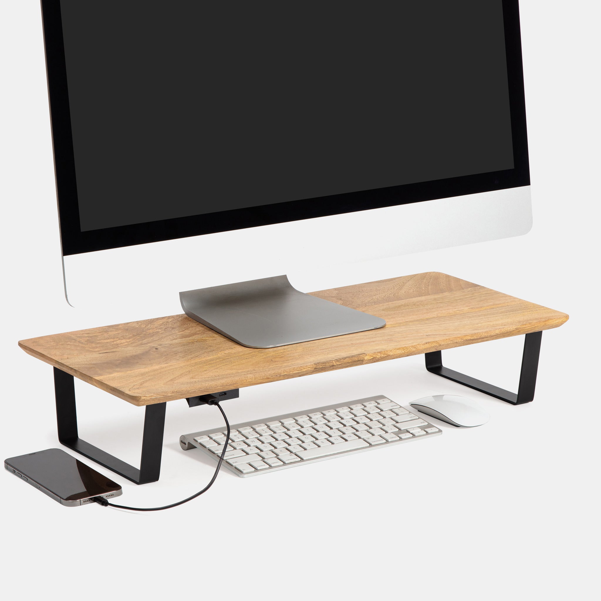 Van Loo Natural Mango Wooden Monitor Stand With Metal Legs USB Ports ...