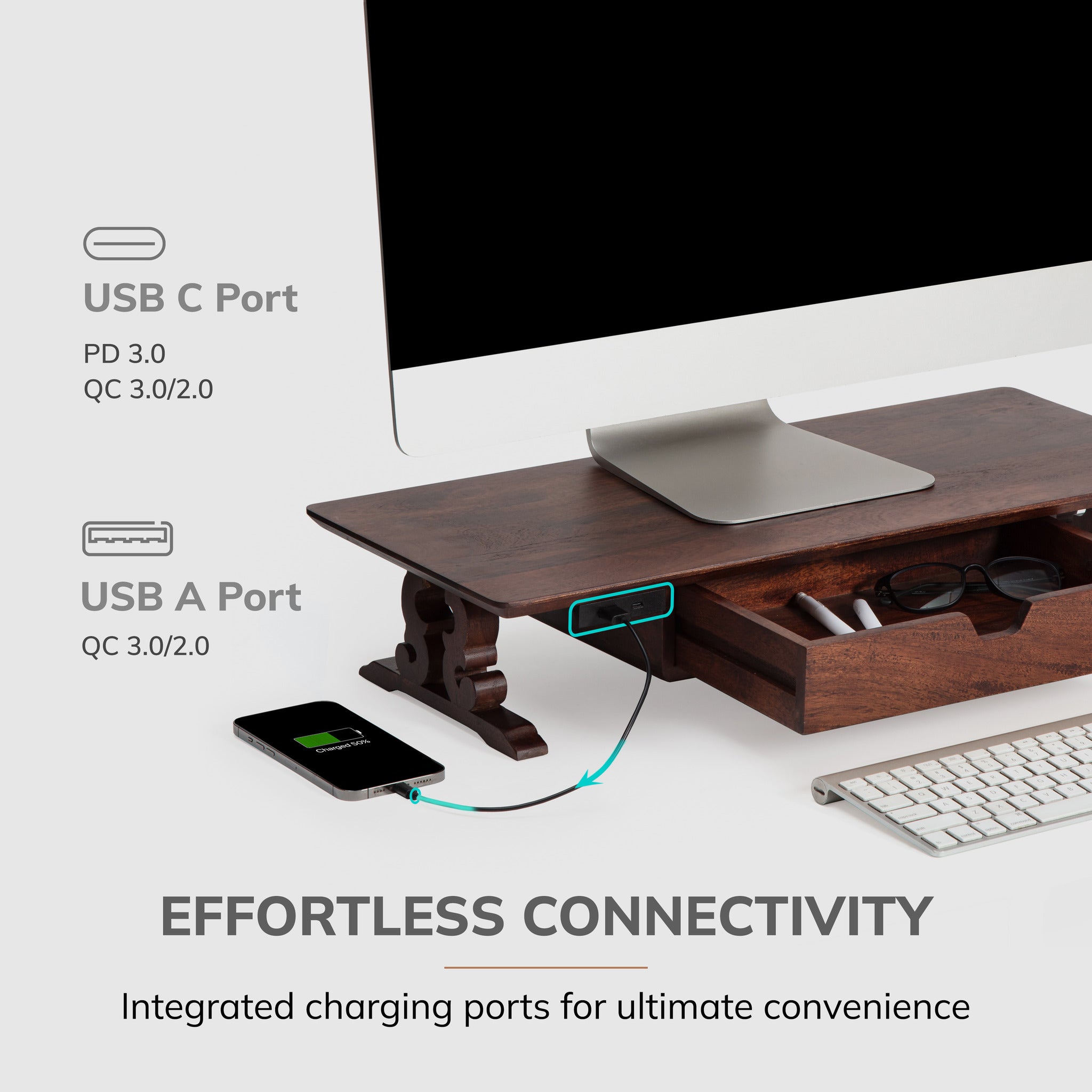Hartnett Walnut Acacia Wood Monitor Stand Scroll Legs Drawer USB
