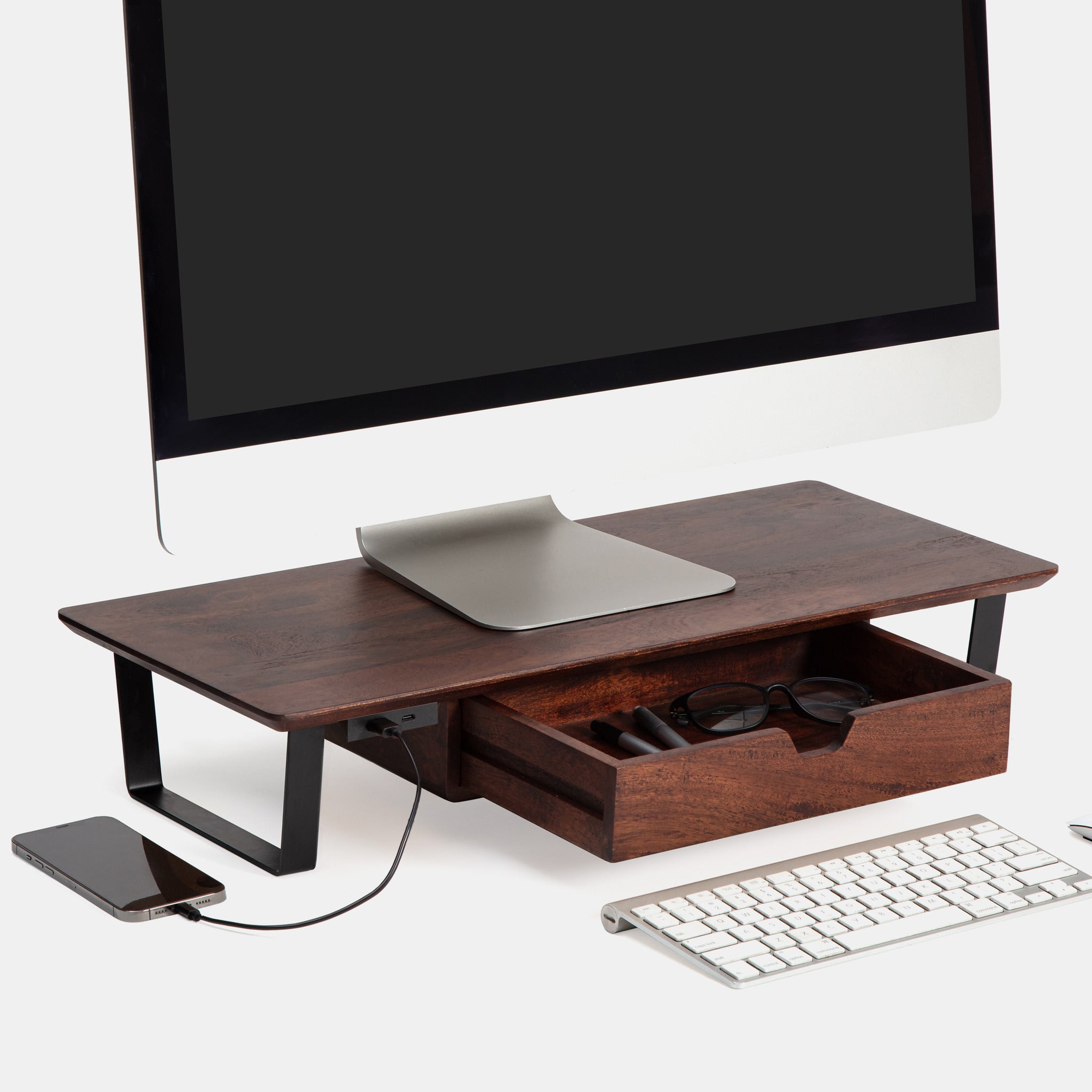 Amigoni Walnut Wooden Monitor Stand With Metal Legs Drawer USB Ports ...