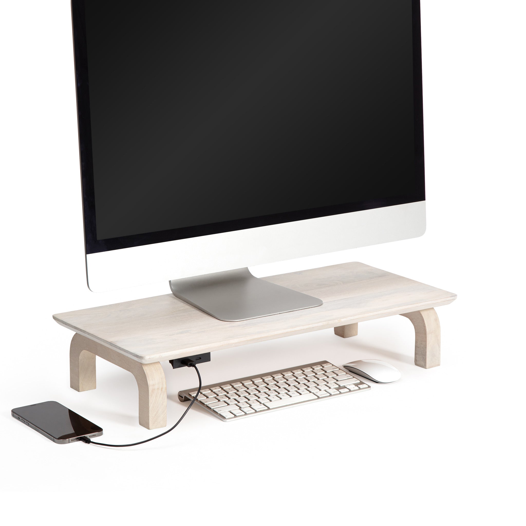 Tanguy White Wash Mango Wooden Monitor Stand Arch Legs USB Ports – Anji ...