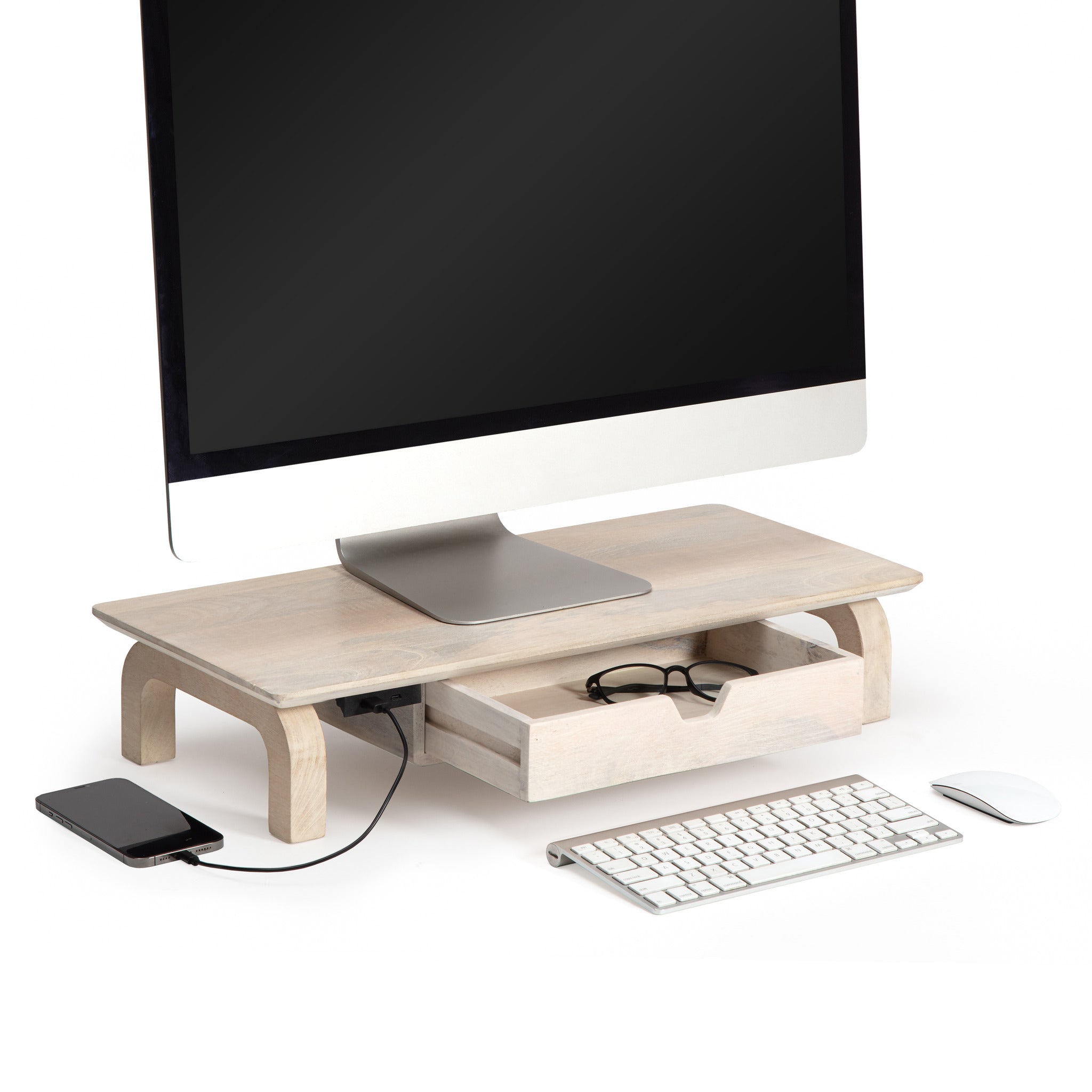 Tanguy White Wash Wood Monitor Stand Arch Legs Drawer USB Ports – Anji ...