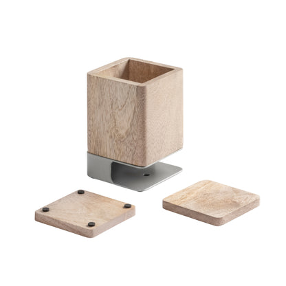 Mango Wood Desk Organizer & Coaster Set | Tan/Nickel