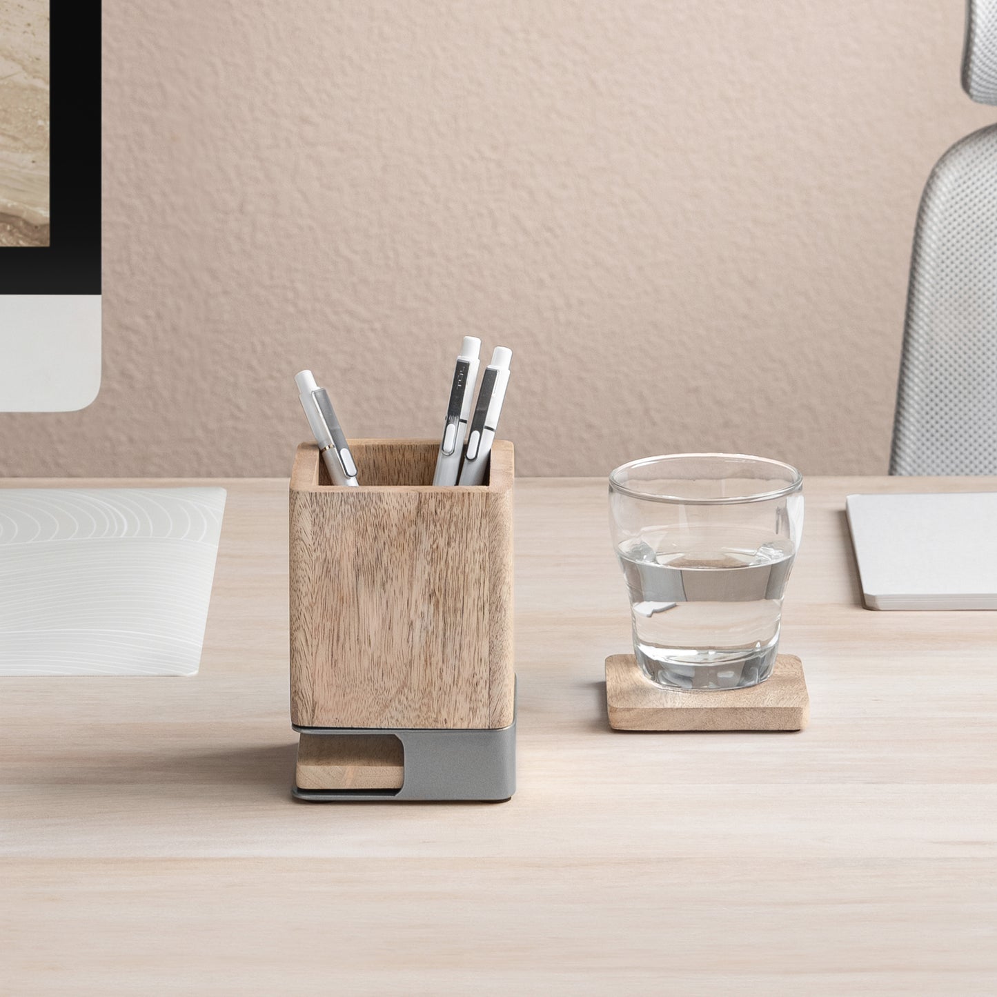 Mango Wood Desk Organizer & Coaster Set | Tan/Nickel