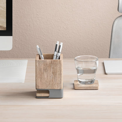 Mango Wood Desk Organizer & Coaster Set | Tan/Nickel