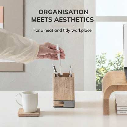 Mango Wood Desk Organizer & Coaster Set | Tan/Nickel