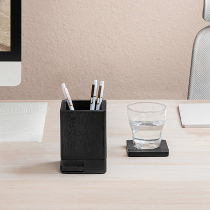 Mango Wood Desk Organizer & Coaster Set | Black/Black