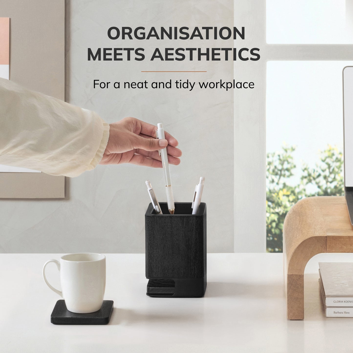 Mango Wood Desk Organizer & Coaster Set | Black/Black