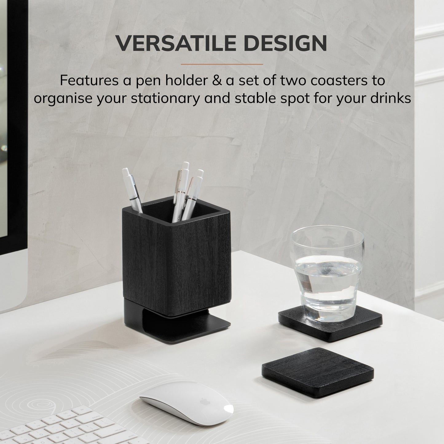 Mango Wood Desk Organizer & Coaster Set | Black/Black