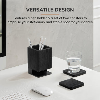 Mango Wood Desk Organizer & Coaster Set | Black/Black