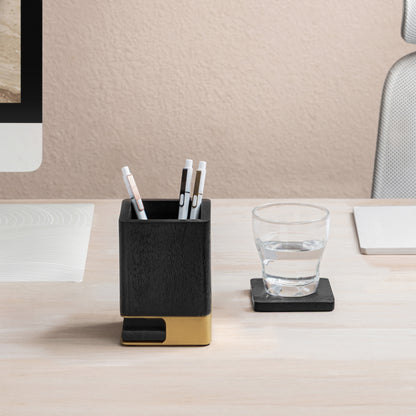 Mango Wood Desk Organizer & Coaster Set | Black/Gold