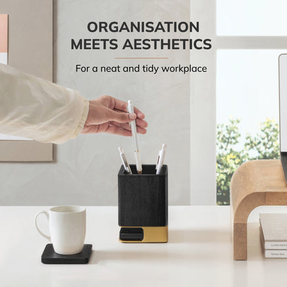Mango Wood Desk Organizer & Coaster Set | Black/Gold