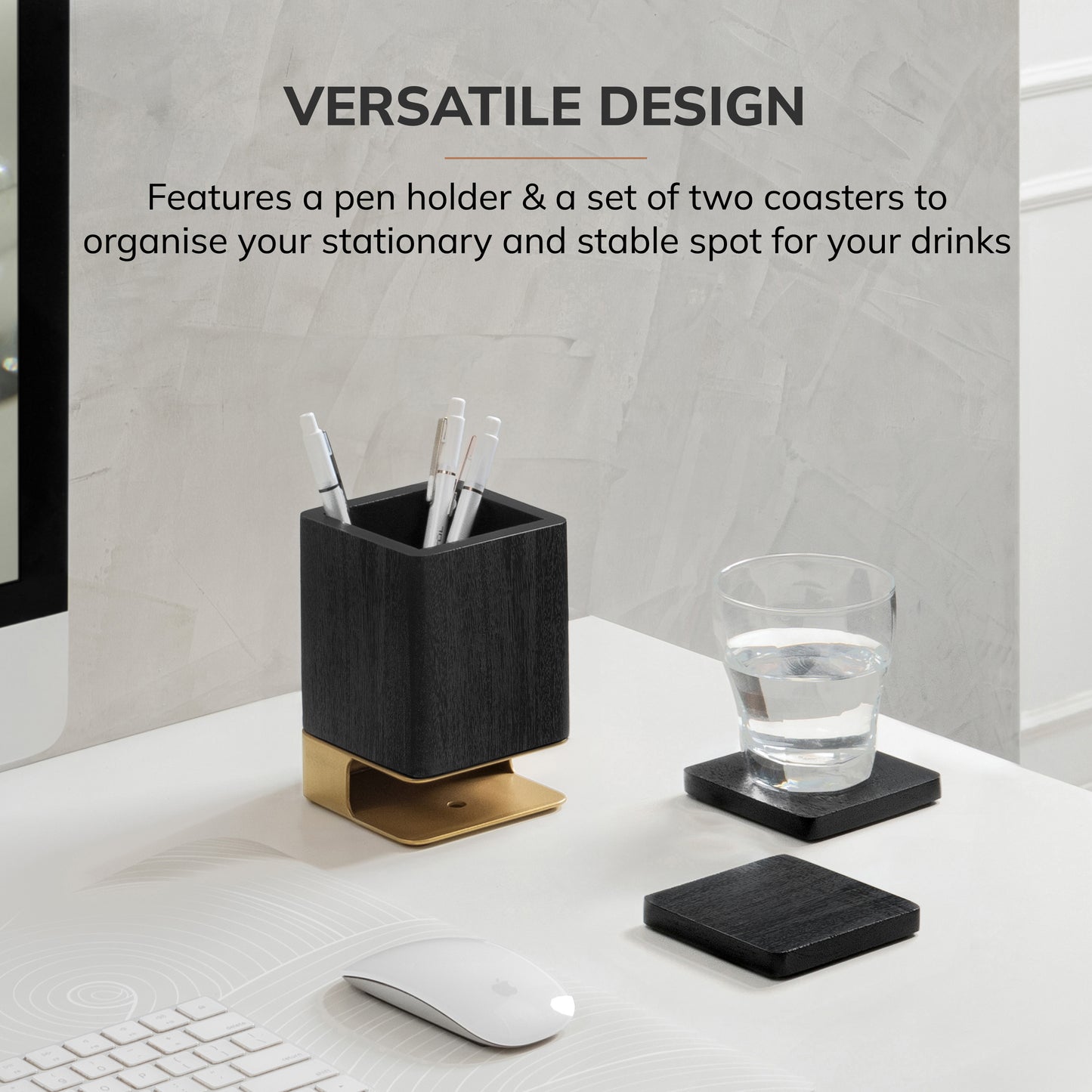 Mango Wood Desk Organizer & Coaster Set | Black/Gold