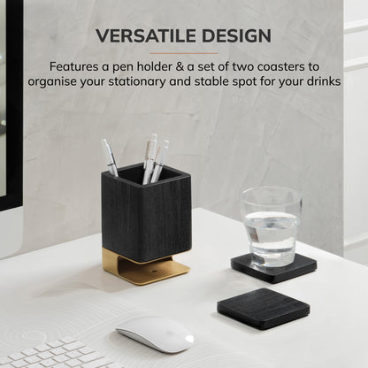 Mango Wood Desk Organizer & Coaster Set | Black/Gold