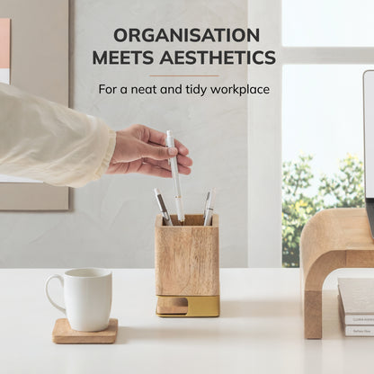 Mango Wood Desk Organizer & Coaster Set | Mango/Gold