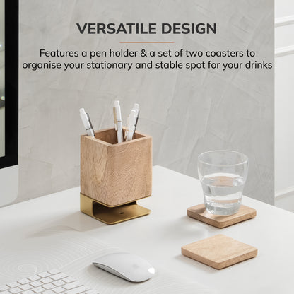 Mango Wood Desk Organizer & Coaster Set | Mango/Gold