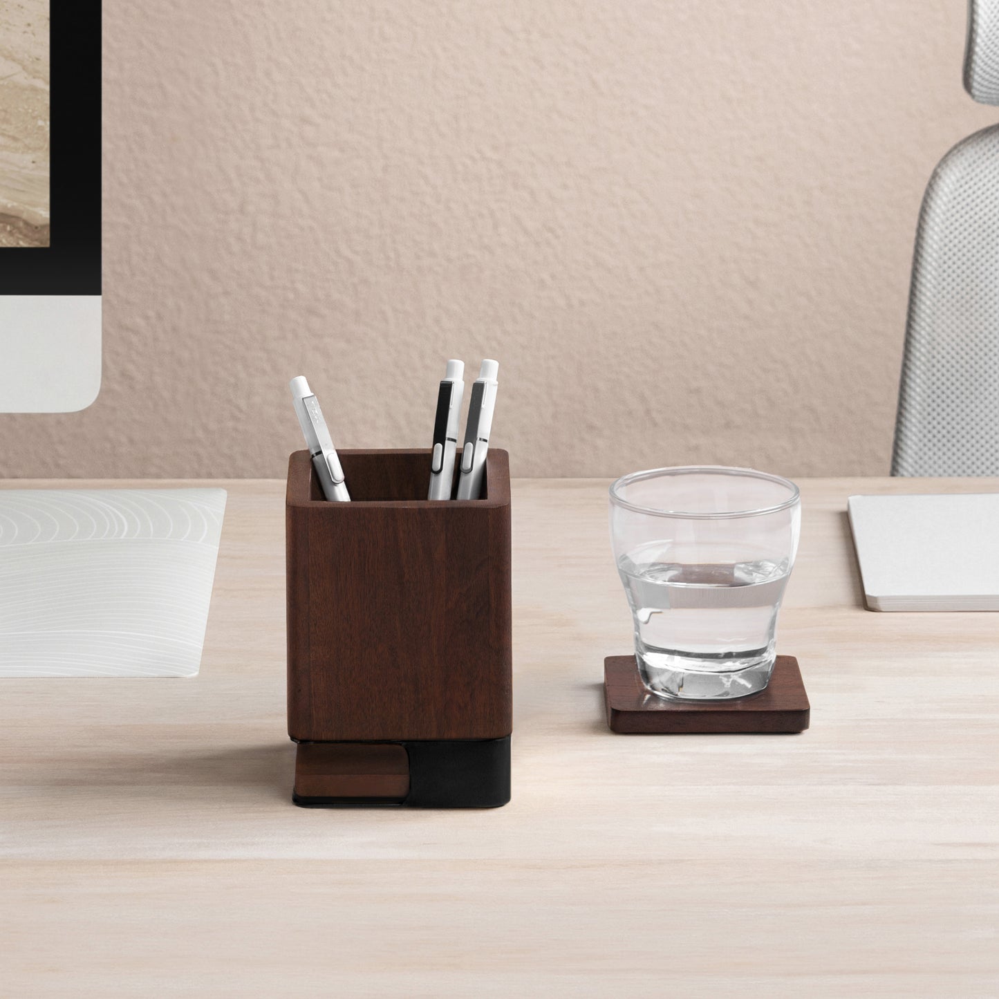 Mango Wood Desk Organizer & Coaster Set | Walnut/Black