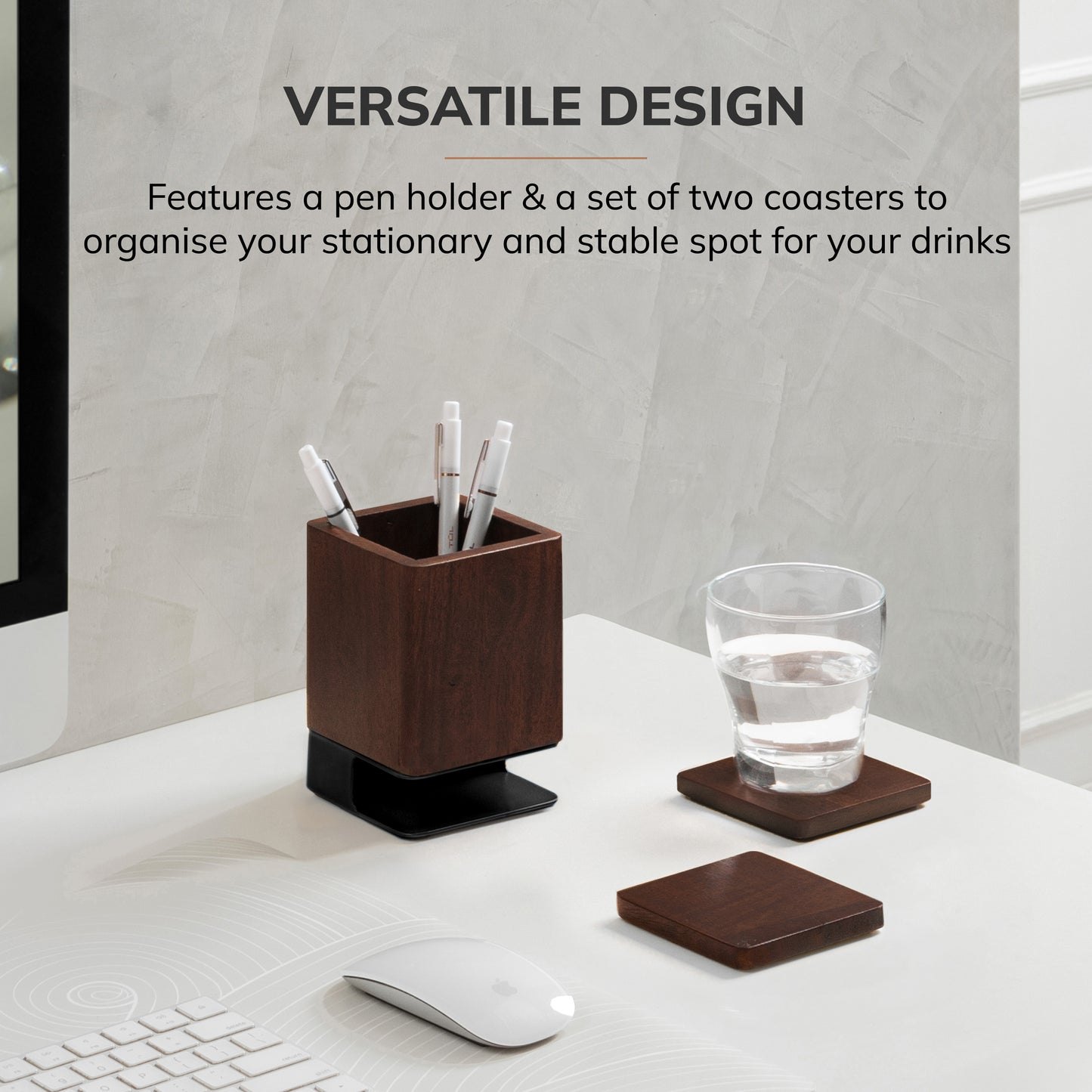 Mango Wood Desk Organizer & Coaster Set | Walnut/Black