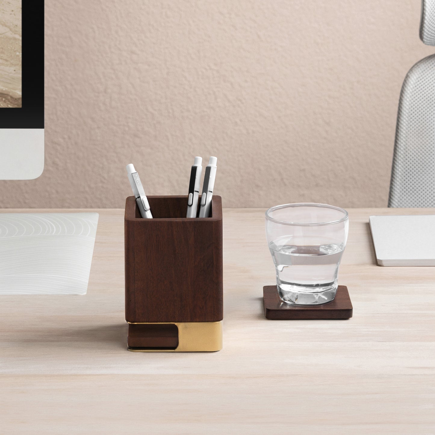 Mango Wood Desk Organizer & Coaster Set | Walnut/Gold
