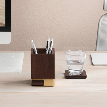 Mango Wood Desk Organizer & Coaster Set | Walnut/Gold