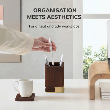 Mango Wood Desk Organizer & Coaster Set | Walnut/Gold
