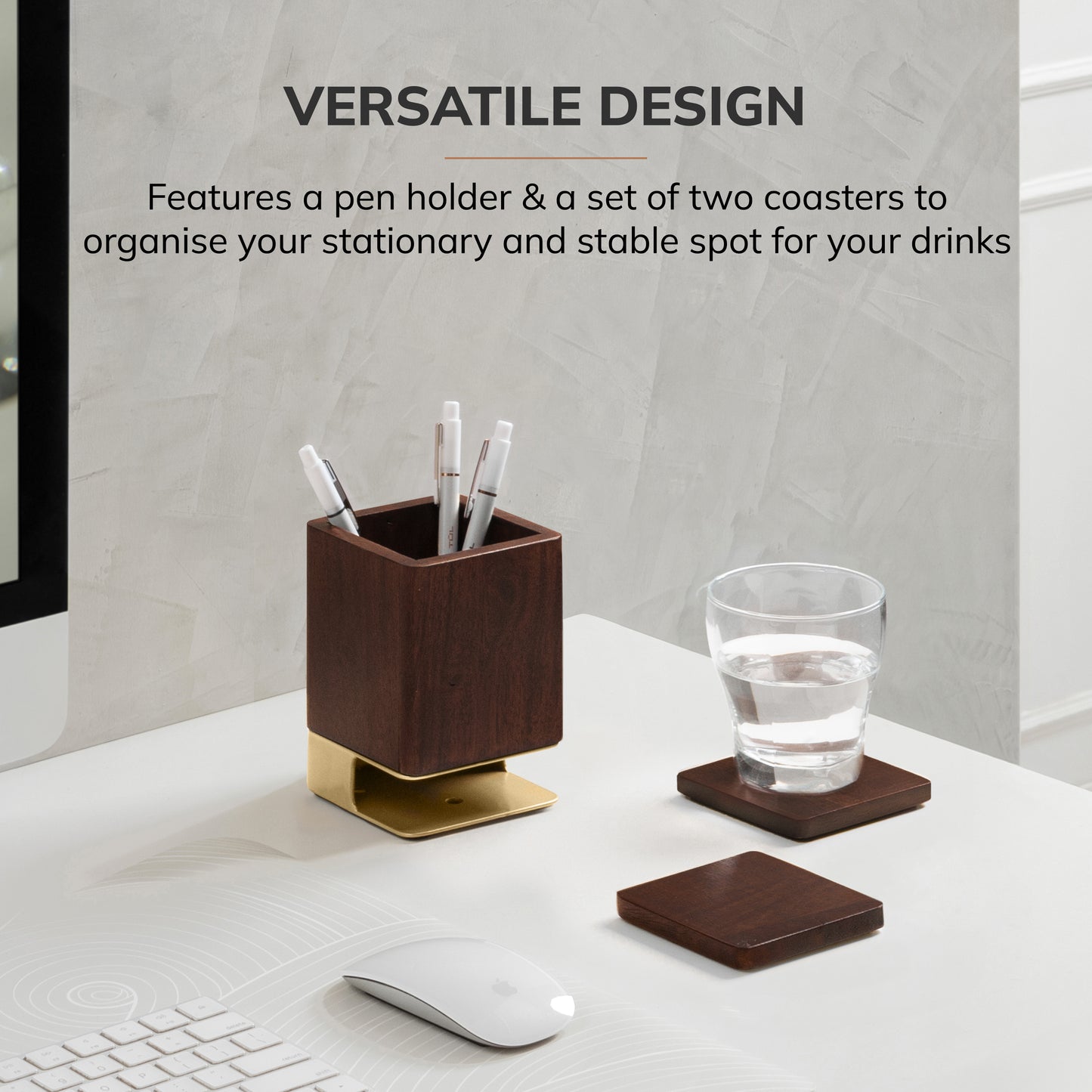 Mango Wood Desk Organizer & Coaster Set | Walnut/Gold