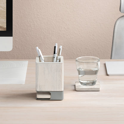 Mango Wood Desk Organizer & Coaster Set | White Wash/Nickel