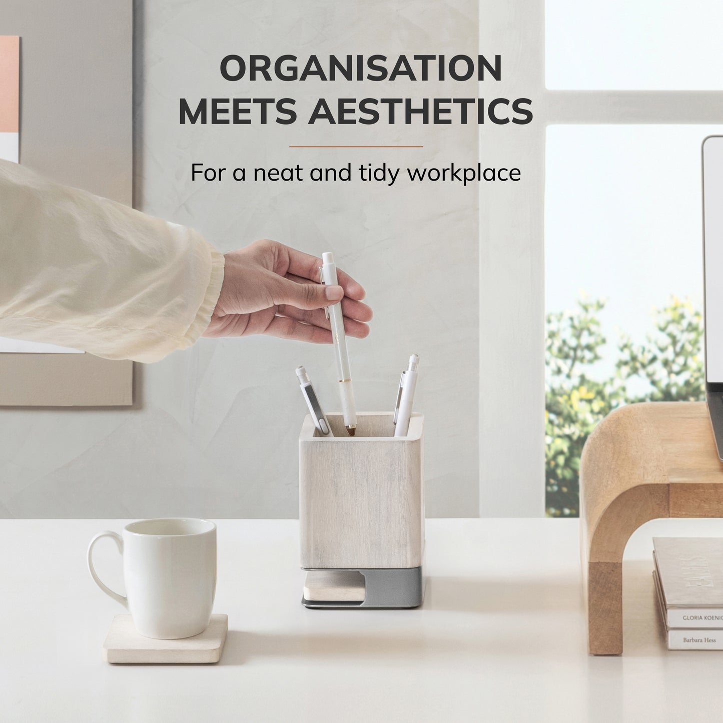 Mango Wood Desk Organizer & Coaster Set | White Wash/Nickel