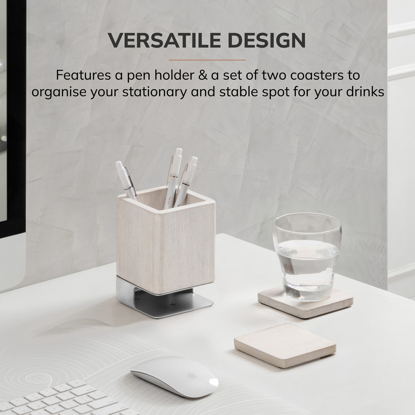 Mango Wood Desk Organizer & Coaster Set | White Wash/Nickel