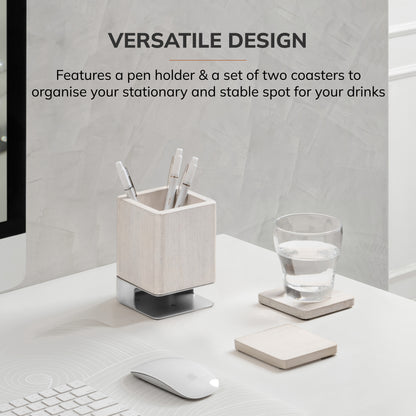 Mango Wood Desk Organizer & Coaster Set | White Wash/Nickel
