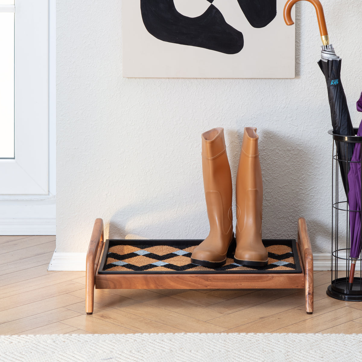 Anji Mountain Wooden Boot Tray Single Tier Mt. Tam White Tan Black