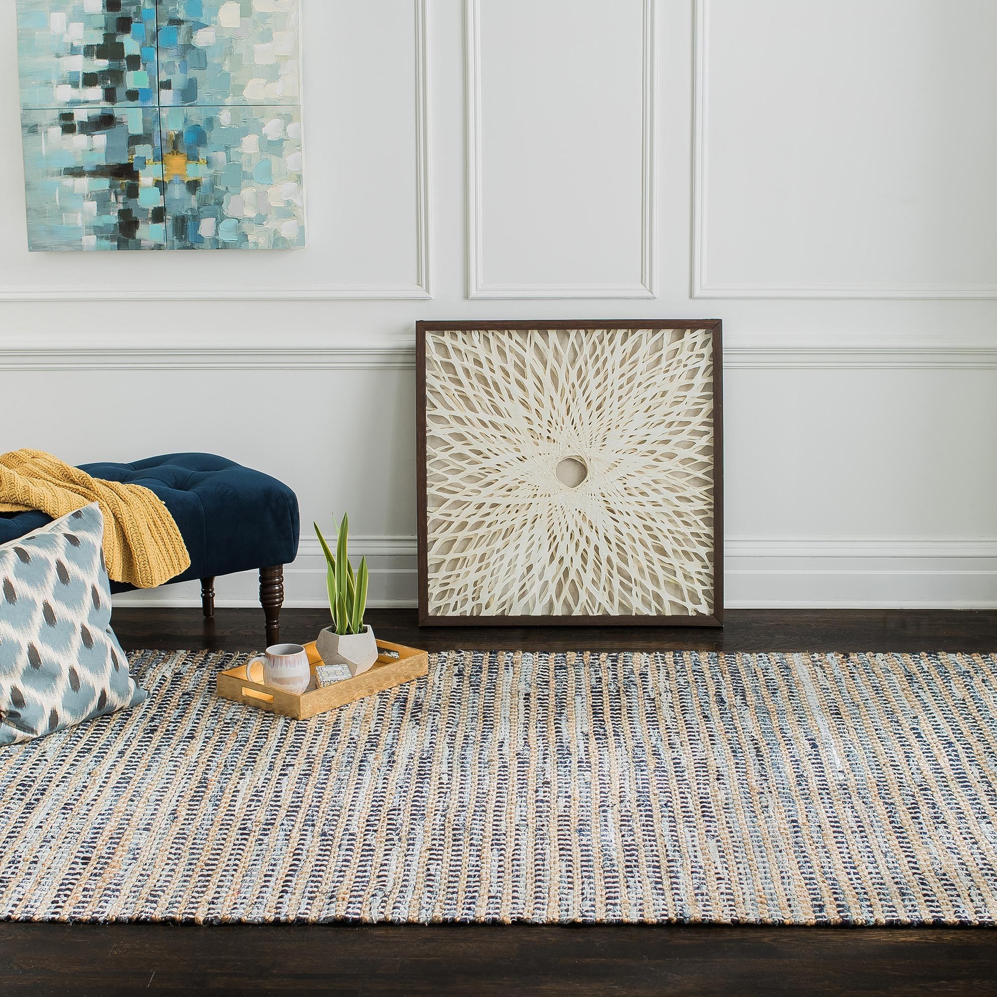 Durango Blue Tan Ivory Jute Upcycled Denim Cotton Area Rug – Anji Mountain