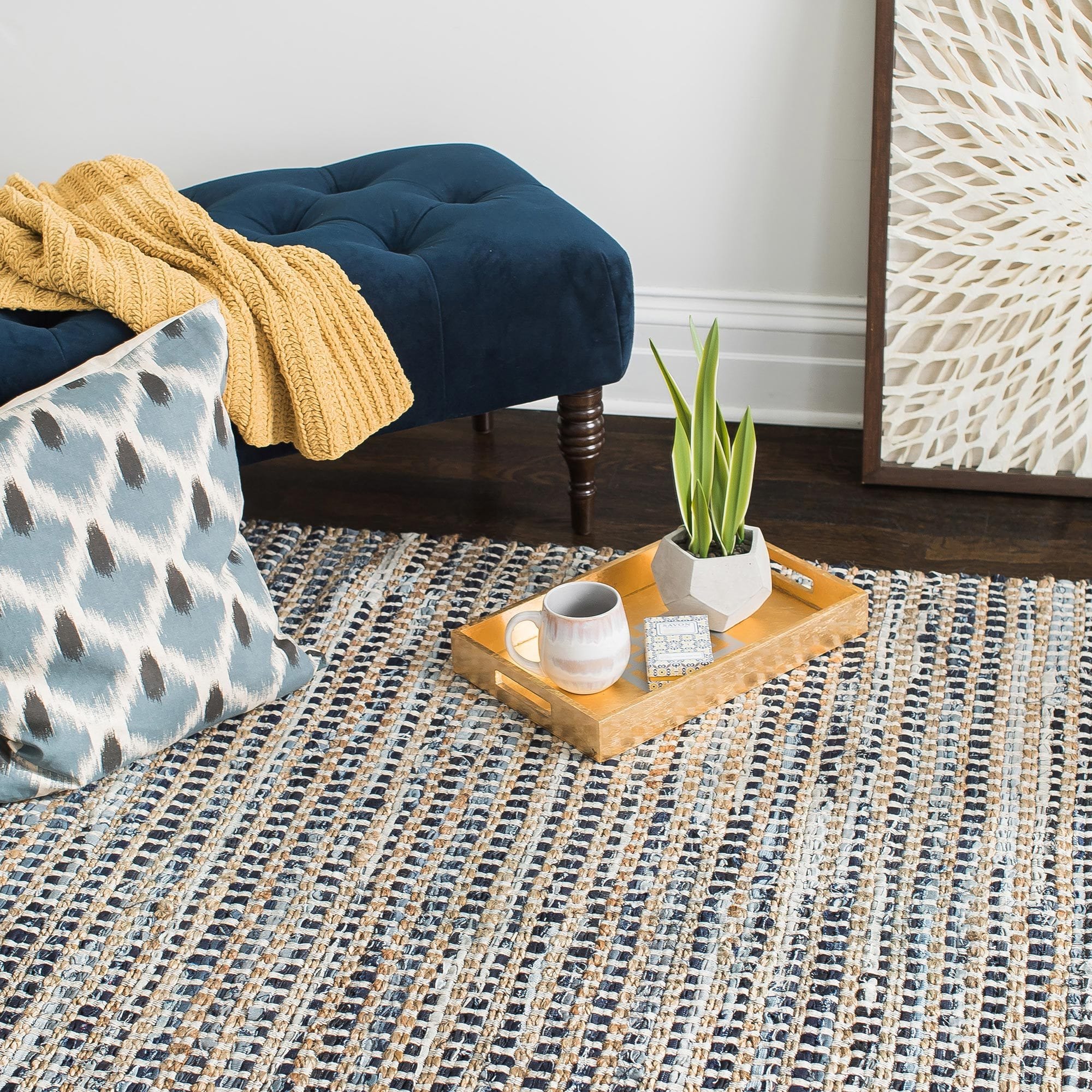 Durango Blue Tan Ivory Jute Upcycled Denim Cotton Area Rug – Anji Mountain