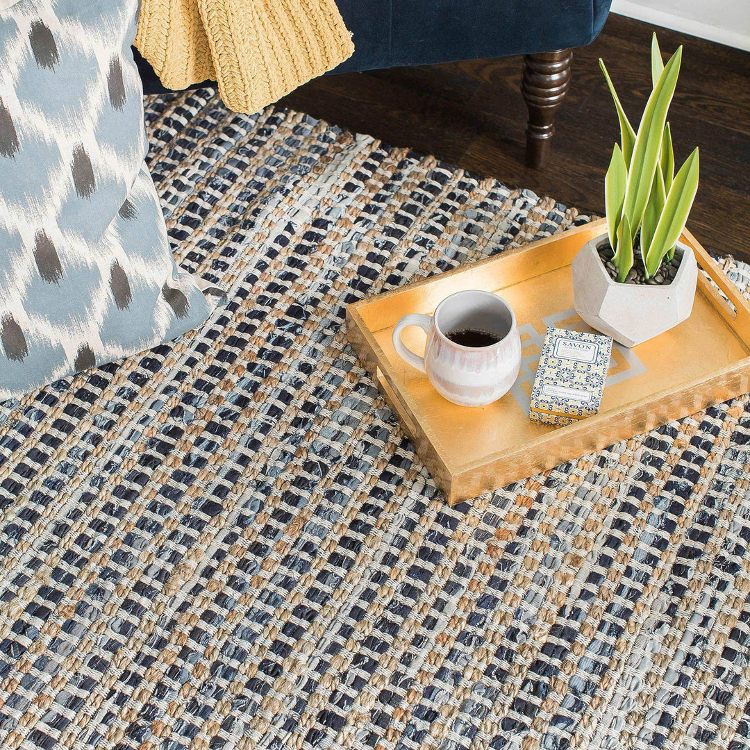 Durango Blue Tan Ivory Jute Upcycled Denim Cotton Area Rug – Anji Mountain