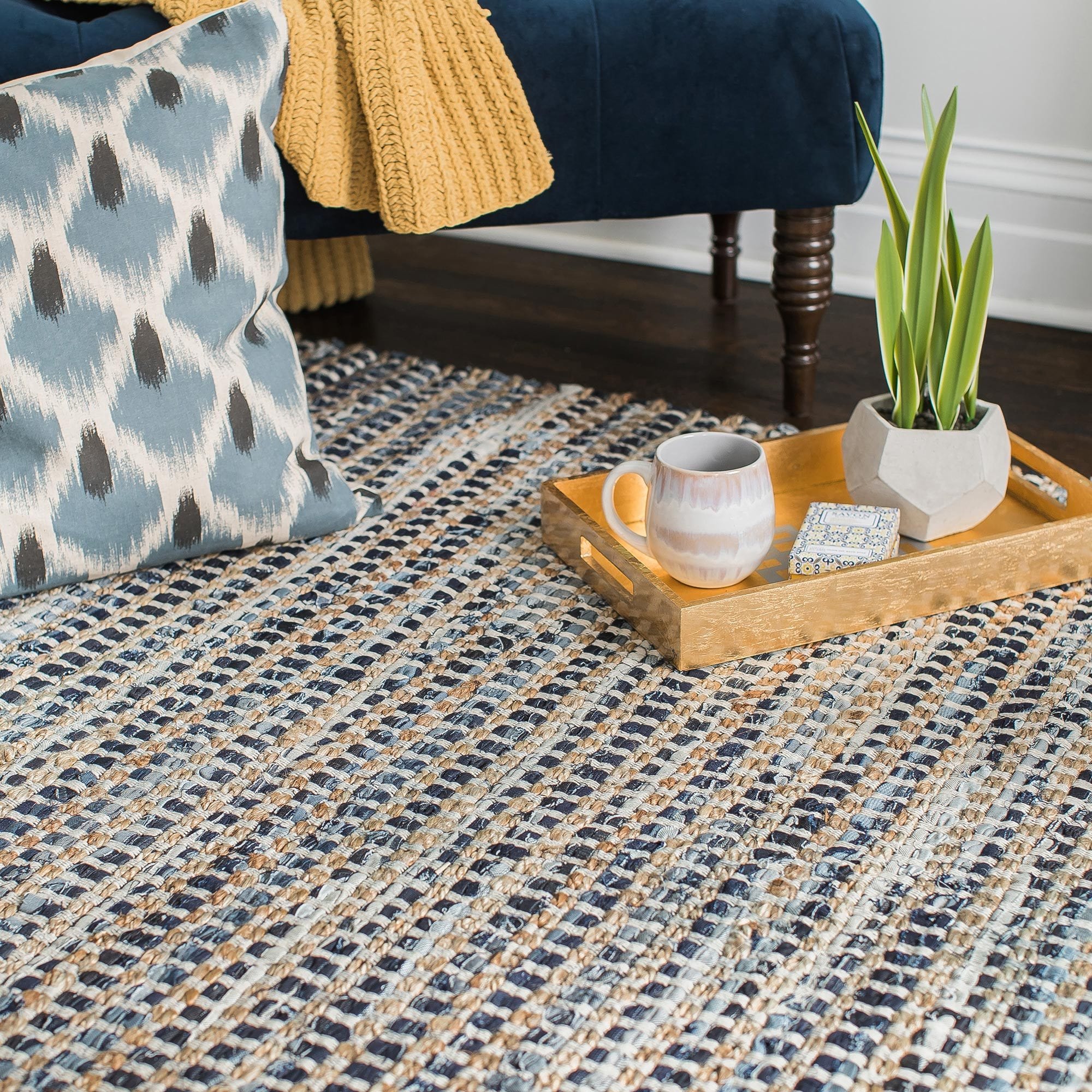 Durango Blue Tan Ivory Jute Upcycled Denim Cotton Area Rug – Anji Mountain