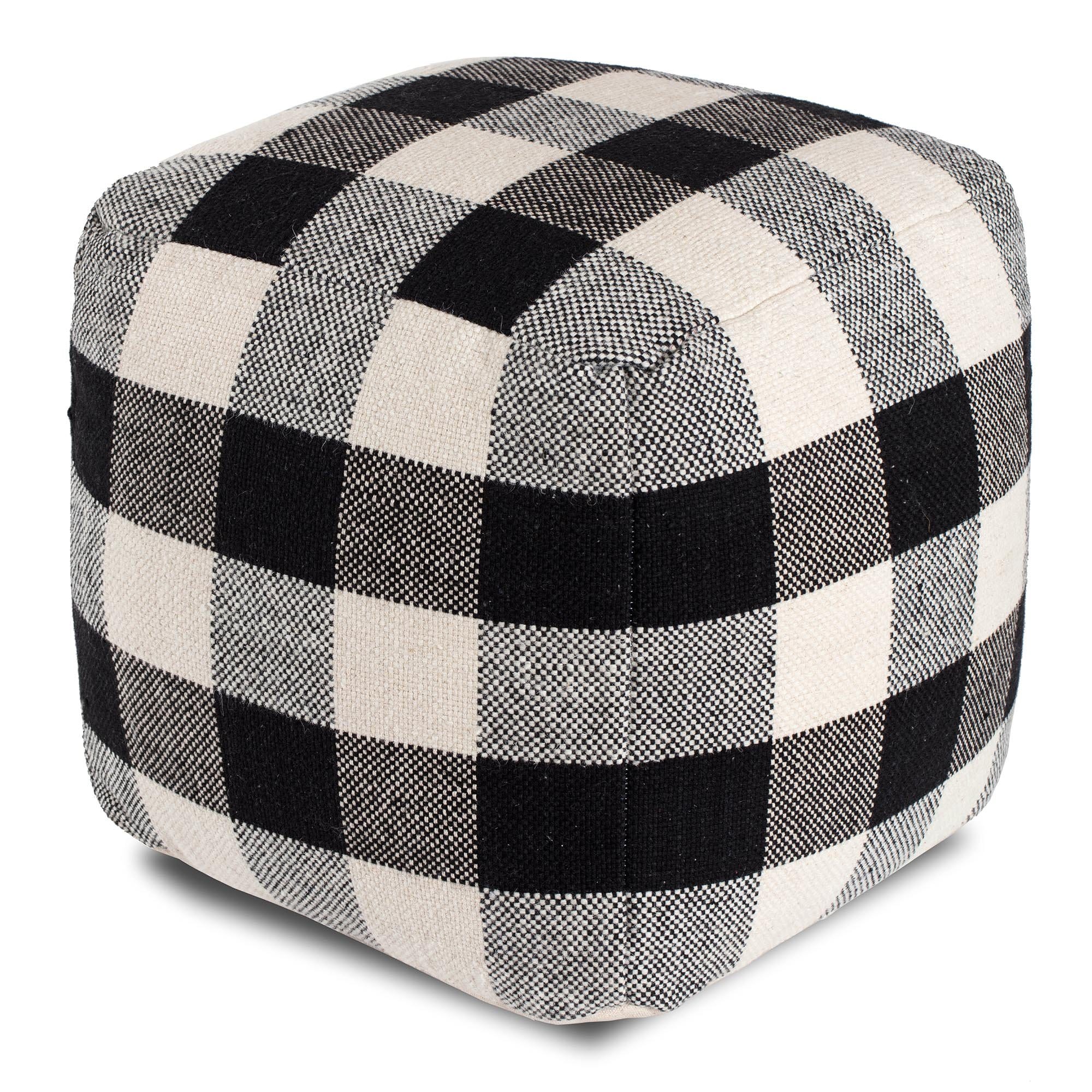 Checkered Sky Ivory Black Wool Pouf